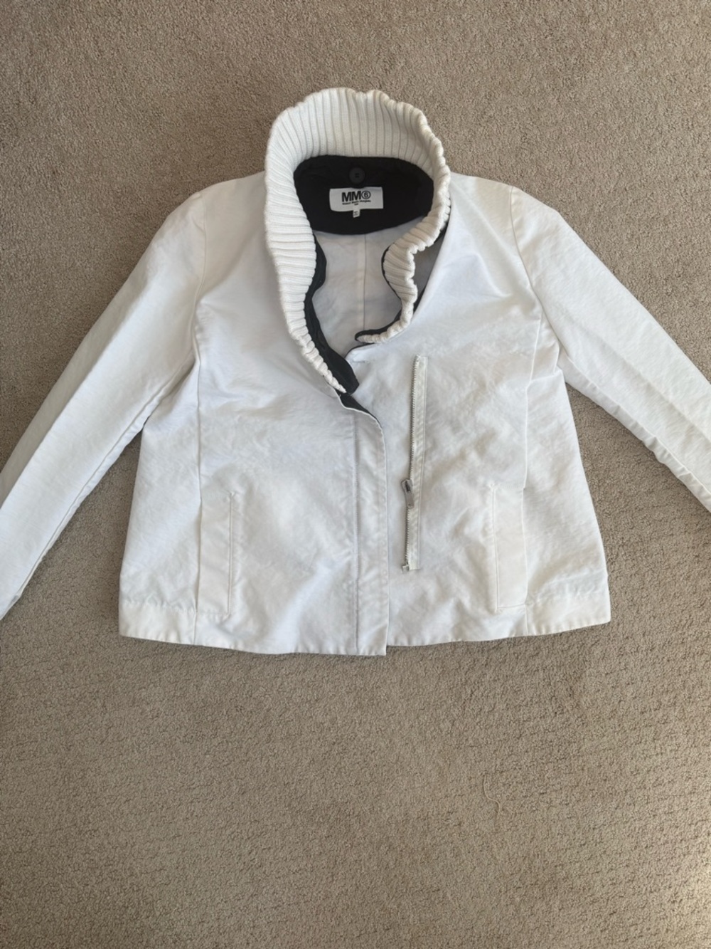 MM6 Maison Margiela White Jacket Rib Knit Collar Zip Front Size, size IT 42 US 6